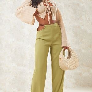 PrettyLittleThing Olive Crinkle Woven Chain Trim Straight Leg Pants